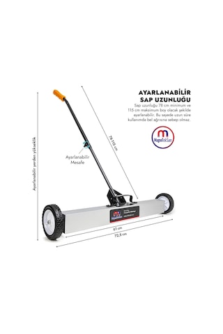 610x105x80 Mm Manyetik Süpürge - Kolay Bıraktırmalı - Uzar Saplı - Alüminyum Şase