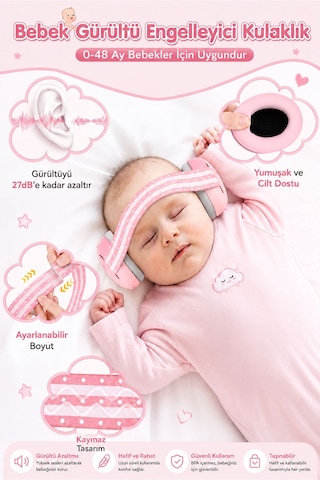 Reyo Bebek Gürültü Önleyici Kulaklık Gürültü Azaltıcı Bebek Kulaklığı 0-3 Yaş Pembe
