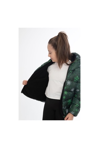 Spor Kız Spor Çocuk Pusula Desen Polar Su Ve Rüzgar Geçirmez Kapüşonlu Cepli Mont YESIL