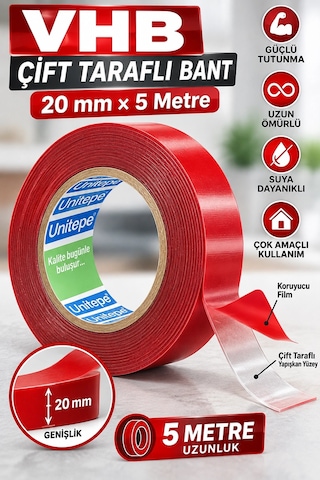 Çift Taraflı Bant 20 Mm X 5 Metre Güçlü Tutunma, Çok Amaçlı Montaj Ve Sabitleme Bandı