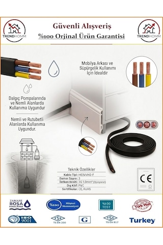 Trendhomm 3x2.5 Ttr Yassı Elektrik Kablosu - %100 Bakır - 50 Metre