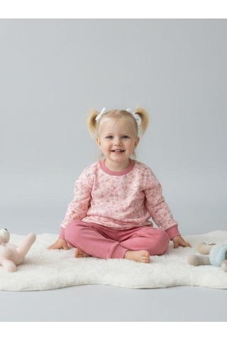 Zekids Kız Çocuk Pamuklu Çiçek Desenli Yumuşak Dokulu Pijama Takımı-16852 Pembe