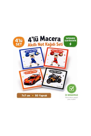Sporcu Arabalı 4'lü Mini Akıllı Not Kağıdı Seti 50 Sayfa Yapışkansız Post-it