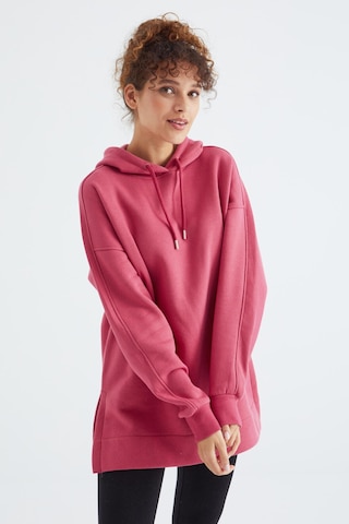 Tommy Life Yaban Gülü Reglan Kol Basic Kapüşonlu Oversize Sweatshirt Sweatshirt Tunik - 97242 Pembe