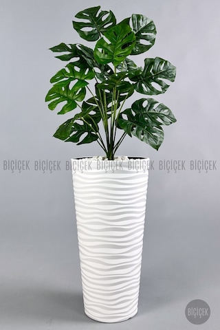 Biçiçek Yapay Monstera Deve Tabani Bi̇tki̇si̇ 130 Cm Beyaz Kumsal Saksıda