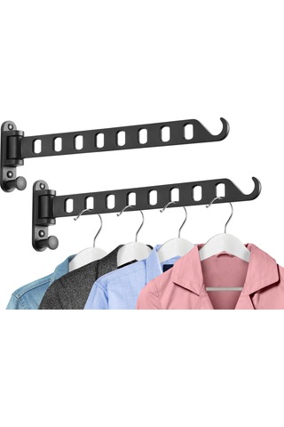 Geeksen Alüminyum Çekilebilir Duvarlı Çamaşır Asıcı 2 Adet - 8 Delikli, Evinizde Alan Tasarrufu Sağlar - Banyo, Balkon, Çamaşır Odası Uygun Siyah