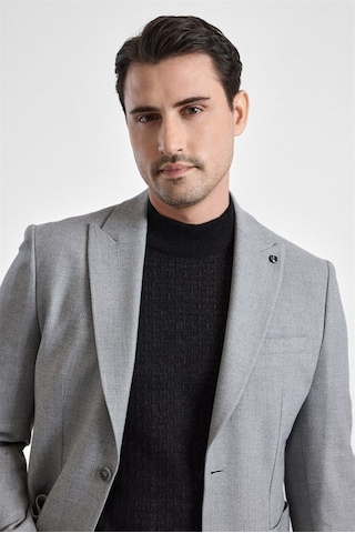 Süvari Gri Slim Mono Yaka Torba Cep 6 Drop Klasik Ceket Ct2021600416-s05