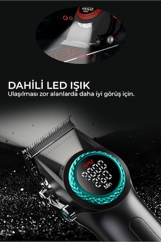 V-001 - Profesyonel Saç & Sakal Kesme Makinesi, 9000 Rpm Yüksek Hız, Dijital Led Ekran - Siyah