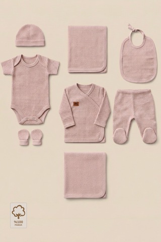 Minory Baby - %100 Pamuk 7'li Hastane Çıkışı Seti Yenidoğan 7'li Set Waffle Kumaş Pembe Pembe