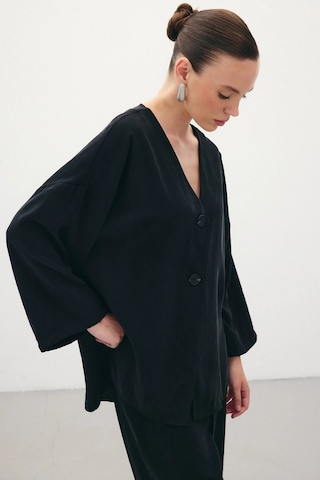Sateen Düğmeli Kimono - Siyah Siyah