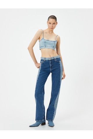 Koton Çift Renk Düz Paça Kot Pantolon Yüksek Bel Cepli - Nora Longer Straight Jeans Orta İndigo 4sal40425md İndigo