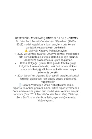 Ford Transit Courier Van Panelvan Ticari 2015 2016 2017 2018 2019 Uyumlu Araca Özel Kolçak Kol Dayama Orta Konsol
