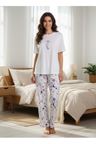 Penye Galaksi Desenli Pijama Seti Rahat Kesim, Yumuşak Dokulu Bej