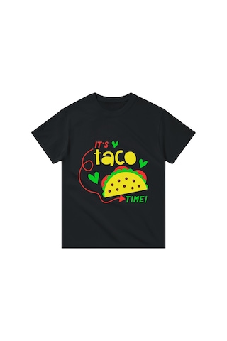 Paybuy Çocuk Tişört Taco Zamanı Baskılı Renkli Grafik Desenli Kısa Kollu Siyah