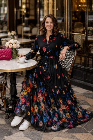 Hb Harma Time Butik Kadın Düğmeli Çiçek Desenli Modal Siyah Elbise