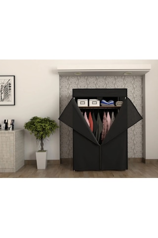 Dzgn Home Çelik Borulu Plastik Raflı Bez Dolap Gardırop - Siyah