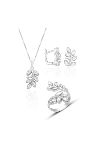Kadın Gümüş Set Yaprak Modeli 925 Ayar Gümüş Üçlü Set St132 Gümüş