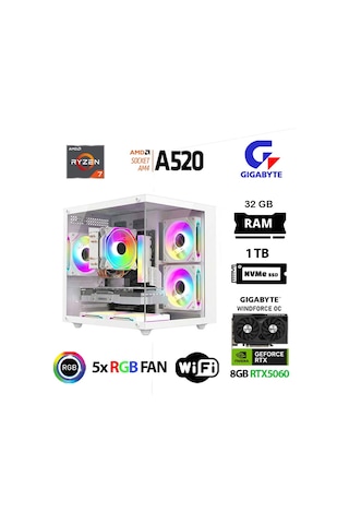 Xaser Giga X40 R7-5700X 32 GB 1 TB M.2 Nvme SSD 8 GB RTX5060 Free Dos Oem Paket Masaüstü Oyuncu Bilgisayarı