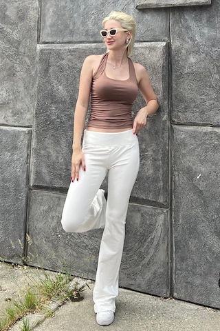 Madmext Ekru Beli Fitilli Yüksek Bel İspanyol Paça Pantolon Mg2096-ekru Ekru