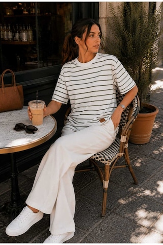 Tenra Kadın Beyaz Çizgili Oversize Kısa Kol Basic Tunik Tişört Yeşil