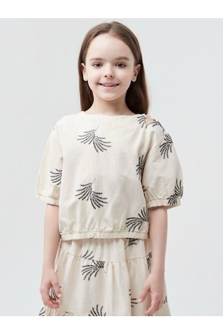 Kız Çocuk Pamuklu Omuz Pencereli Nakışlı Bluz-13814-bej Bej