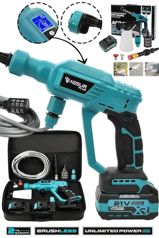 Assur Plus 21V Kömürsüz Motor Yüksek Basınçlı Akülü Oto Araba Yıkama Makinesi Şarjlı - 2853