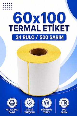 60x100mm Termal Etiket 24 Rulo 500 Sarım Ribonsuz Kargo, Lojistik, Depo Yapışkanlı 1