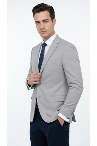 Plus Scorpion Ck 142 Slim Fit Mikro Desenli Erkek Ceket Yazlık Pike Kumaş Çift Yırtmaç Blazer Gri