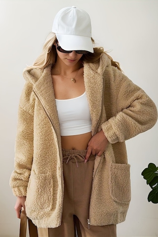 Aclassics Peluş Kuzu Kıvırcık Torba Cepli Kolej Mont Siyah Ks2526 Bej