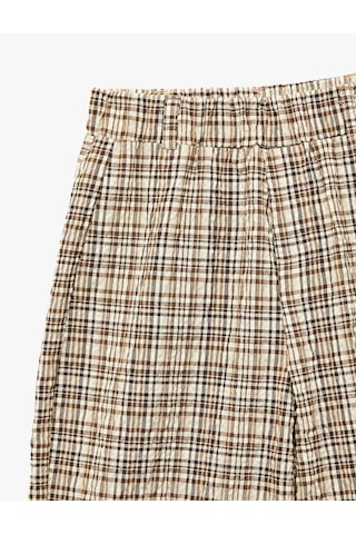 Koton Yüksek Bel Beli Lastikli Ekoseli Geniş Paça Pantolon Kahverengi Ekose 7wkg40038aw