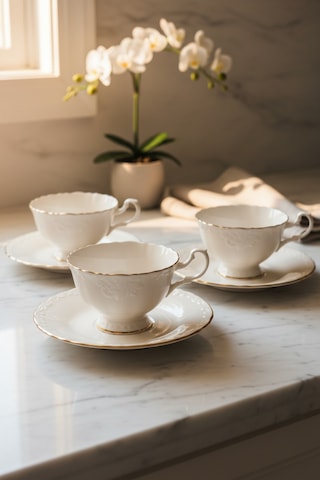 6 Kişilik Goncagül Kabartma Desen Yaldızlı Porselen Çay Takımı 200 Ml Krem