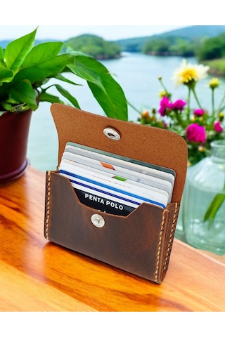 Cronder Hakiki Deri Yan Model Kutu Cüzdan Kartlık Kahverengi