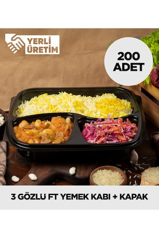 Termoform 3 Gözlü Yemek Kabı + Kapak - 200 Adet Mikro Dalga'da Kullanılabilir Diğer