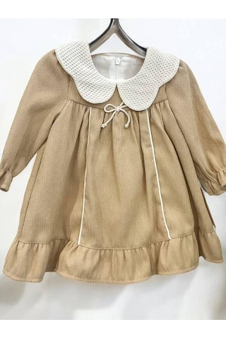 Cantoy Kız Bebek Bebe Yaka Fitilli Kadife Elbise-15068 Camel