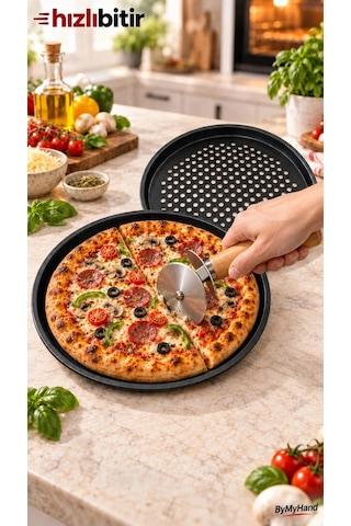 Bymyhand Teflon Kaplama Siyah Yanmaz Yapışmaz Pizza Tepsisi 2'li Set 28 32 Cm Pizza Kesici Hediyeli