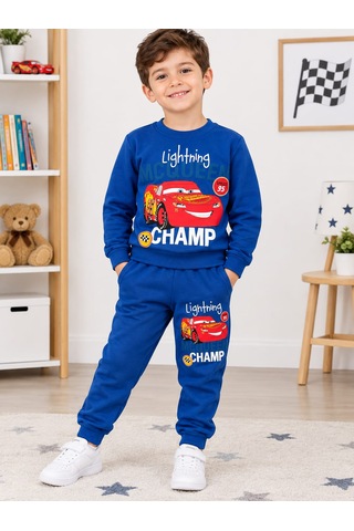 Alkın Kids 4-10 Yaş Erkek Çocuk %100 Pamuklu Araba Baskılı Alt-üst Takım Saks Mavi