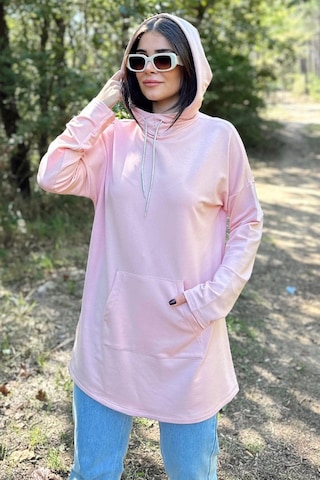 WeShaya Kadın Pudra Uzun Kol, Yakası Bağcıklı, Kapüşonlu, Kanguru Cep, Salaş, Uzun Tunik Sweatshirt Pudra
