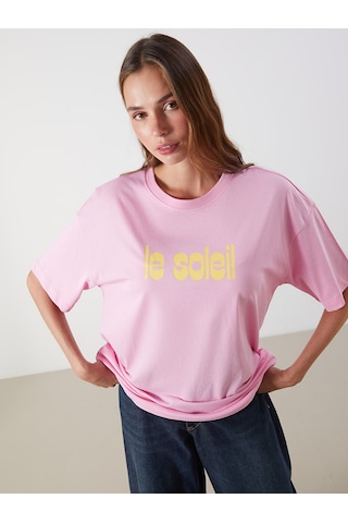 Lcw Vision Pembe Baskılı Oversize %100 Pamuklu Kadın Tişört