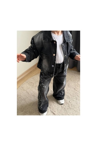 Toikids Kız Çocuk Taşlı Kot Ceketli 3 Lü Takım Siyah