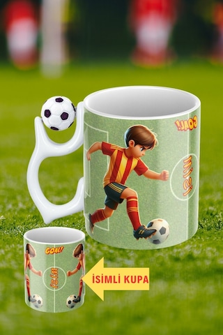 Siyah Beyaz Futbol Toplu Sarı Kırmızı Forma Oyunculu Taraftar İsimli Baskılı Kupa Bardak Beyaz