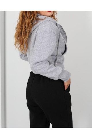 İs Berceste Kapüşonlu 3 İplik Gri Melanj Kadın Crop Sweatshirt Ceket Açık Gri