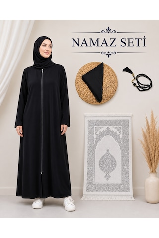 Bilenler Kadın Namaz Seti Fermuarlı Viskon Namaz Elbisesi Örtü İnci Tesbih Seccade M1001 Siyah