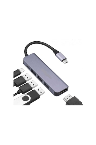 Type-c To Hdmı 4k 30hz Çevirici Kablo 1 Usb 3.0 + 2 Usb 2.0 Çoklayıcı Hub + Pd 87w Adaptör 5 İn 1