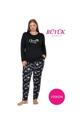 Kadın Bisiklet Yaka Düğmesiz Dökümlü Viskon Mevsimlik Uzun Kol Cepli Pijama Takımı Siyah Desenli