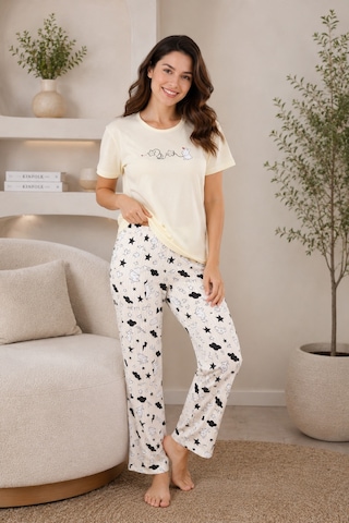 Wordex Mirano 4103 Tavşanlı Kalpli Kısa Kollu Pamuklu Kadın Pijama Takımı Sarı