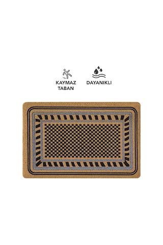 Coco Entry Ps023a Damalı Çerçeve Desen Kalın Kaymaz Taban Nem Alıcı Şık Tasarım Kapı Önü Paspası Hardal