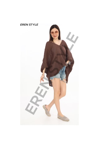 Eren Style Bohem Kuruvaze Tek Düğmeli Keten Bluz-9884 Kahverengi