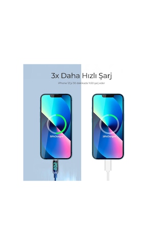 Woyax By Deji Apple iPhone Uyumlu 6 7 8 X XS 11 12 13 14 Pro Max Plus - Type-C Örgülü Dijital Göstergeli Şarj Kablosu