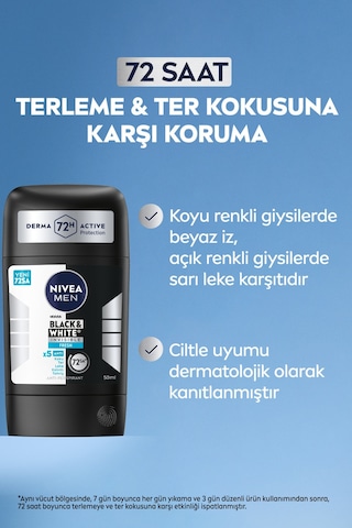 Men Erkek Stick Deodorant Black&white Invisible Fresh 50 Ml, 72 Saat Anti Perspirant,leke Karşıtı