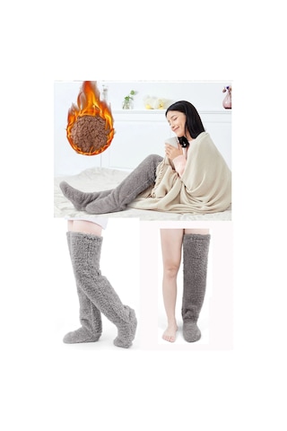 Sauna Suit Gri Sock Peluş Uyku Çorabı Welsoft Diz Üstü Oda Çorabı Ayak Isıtıcı Uzun Gonç Çorap Gri